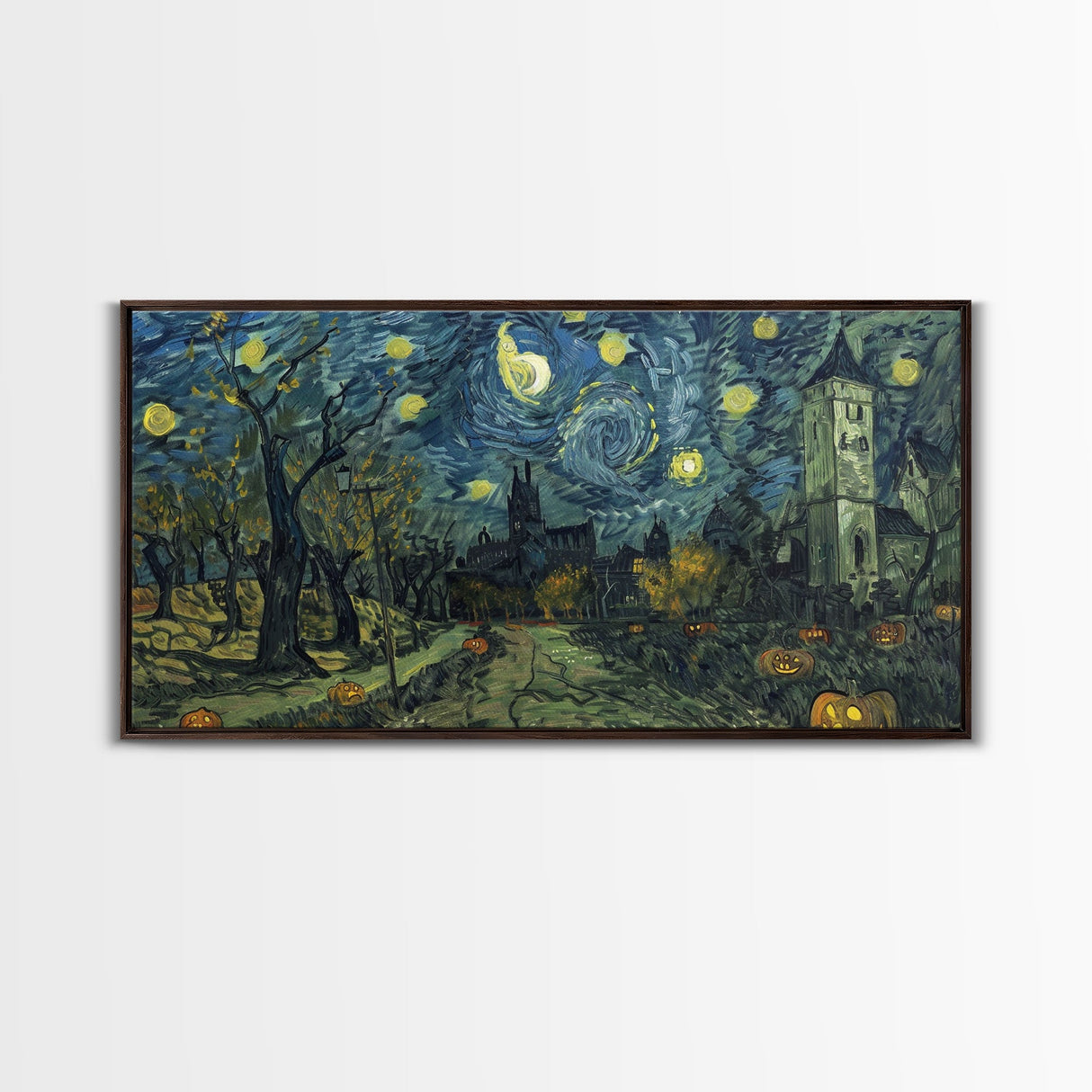 Haunted Halloween Cemetary, Starry Night Inspired Halloween Decor, Framed Canvas Print, Halloween Props
