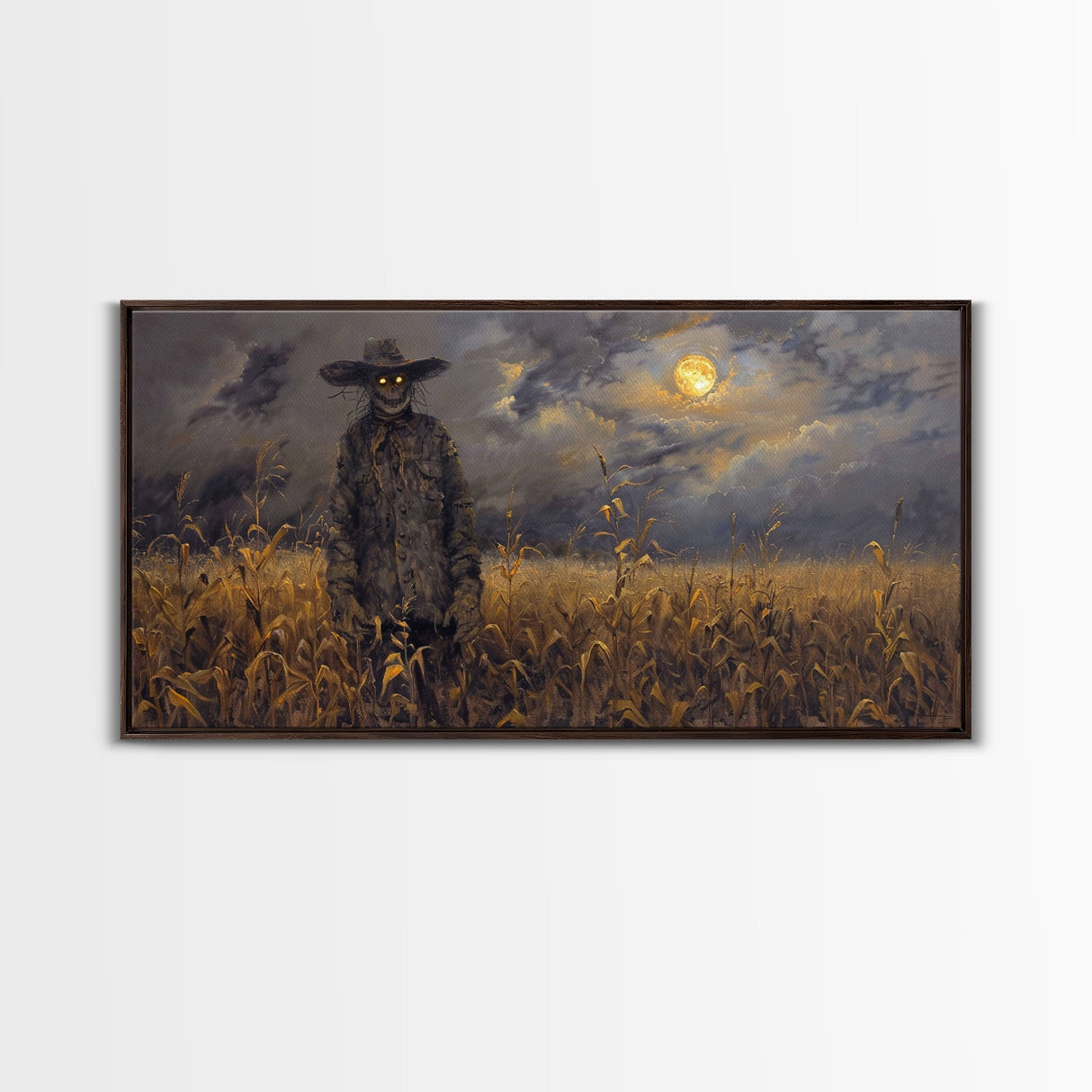 Scarecrow Under A Full Moon - Framed Canvas Print - Spooky Wall Art - Halloween Decor