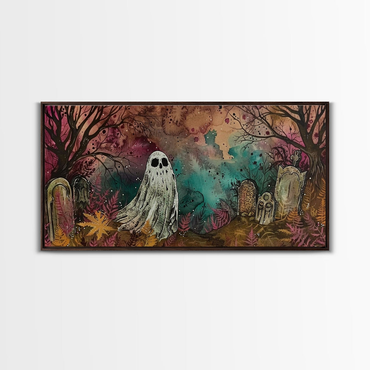 Cute Ghost In The Cemetery, Framed Canvas Print, Halloween Wall Decor, Halloween Trinkets