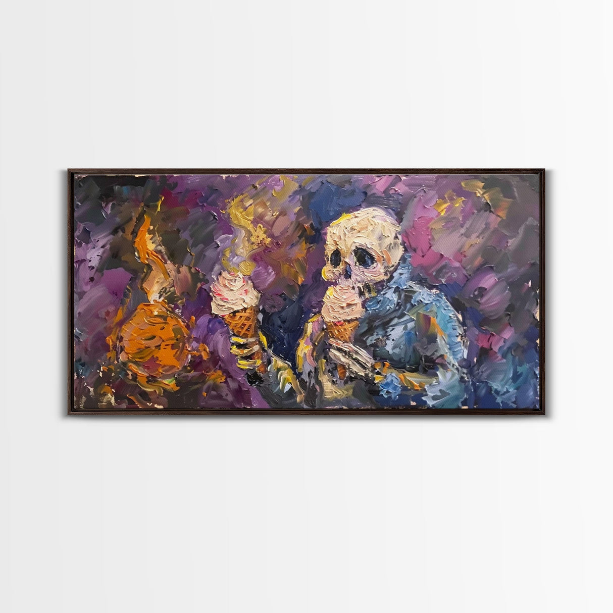 Spooky Skeleton having TWO ice cream cones! Why does he need two? Halloween Art, Framed Canvas Print