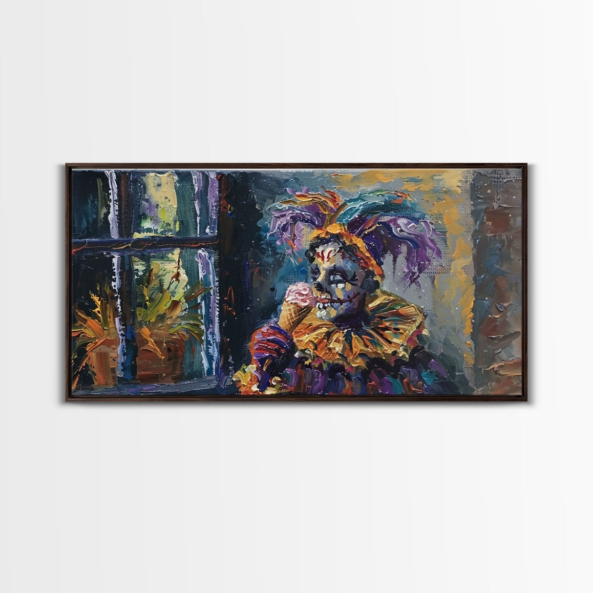 Spooky Court Jester Having an Ice Cream, Funny Halloween Art, Framed Canvas Print
