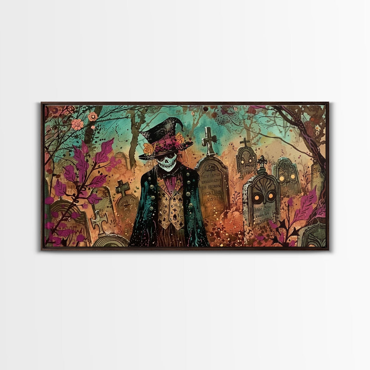 Spooky Ghost In A top hat, Framed Canvas Print, Halloween Decor, Spooky Vibes Wall Art