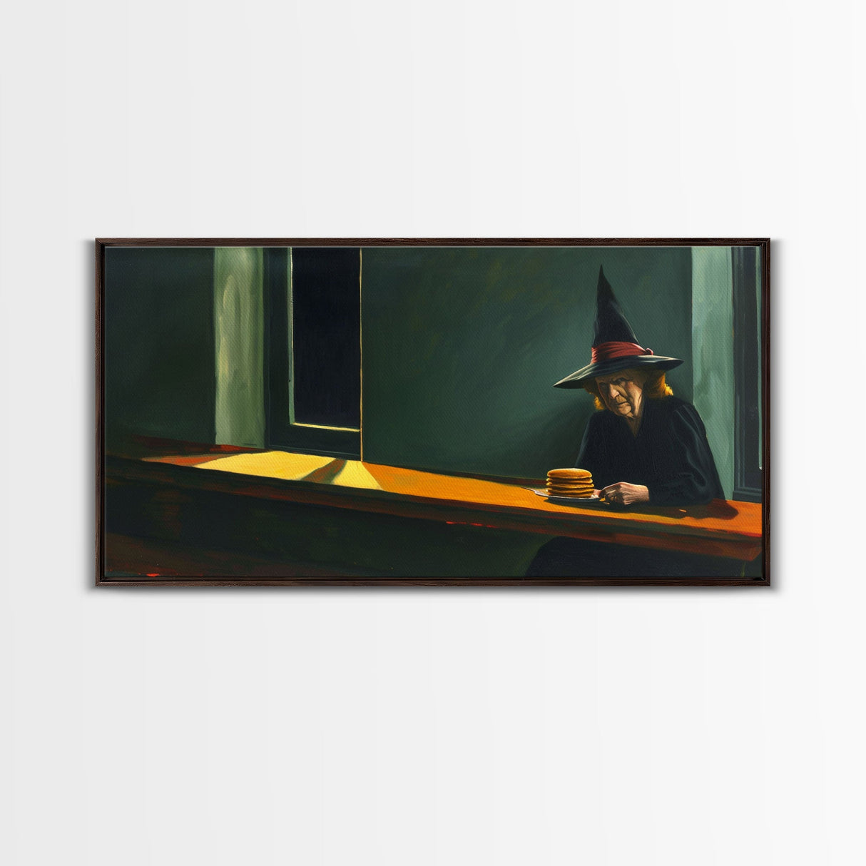 Sad Old Witch Having Some Pancakes, Funny Halloween Art, Framed Canvas Print, Liminal Art