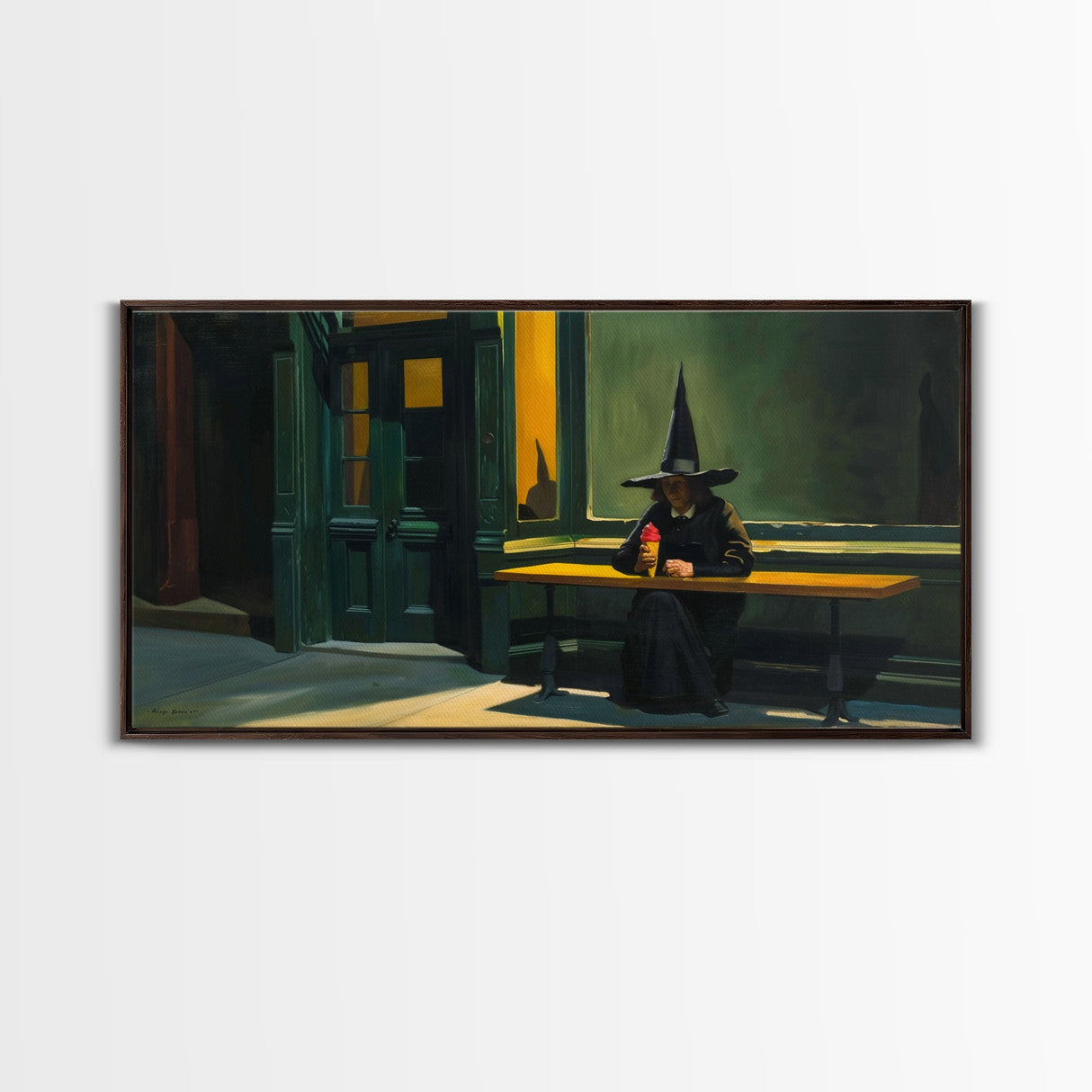 Sad Witch Having an Ice Cream Cone, Funny Halloween Art, Framed Canvas Print, Liminal Art
