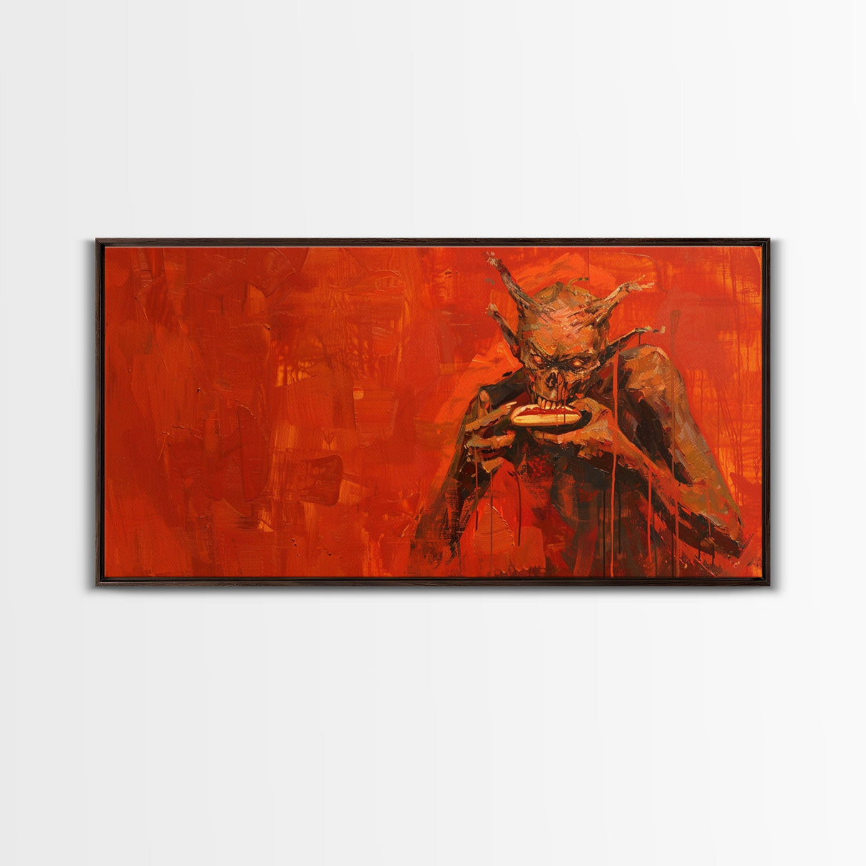 Scary Demon Having a Hot Dog, must be a baseball fan. Funny Halloween Wall Art Framed Canvas Print