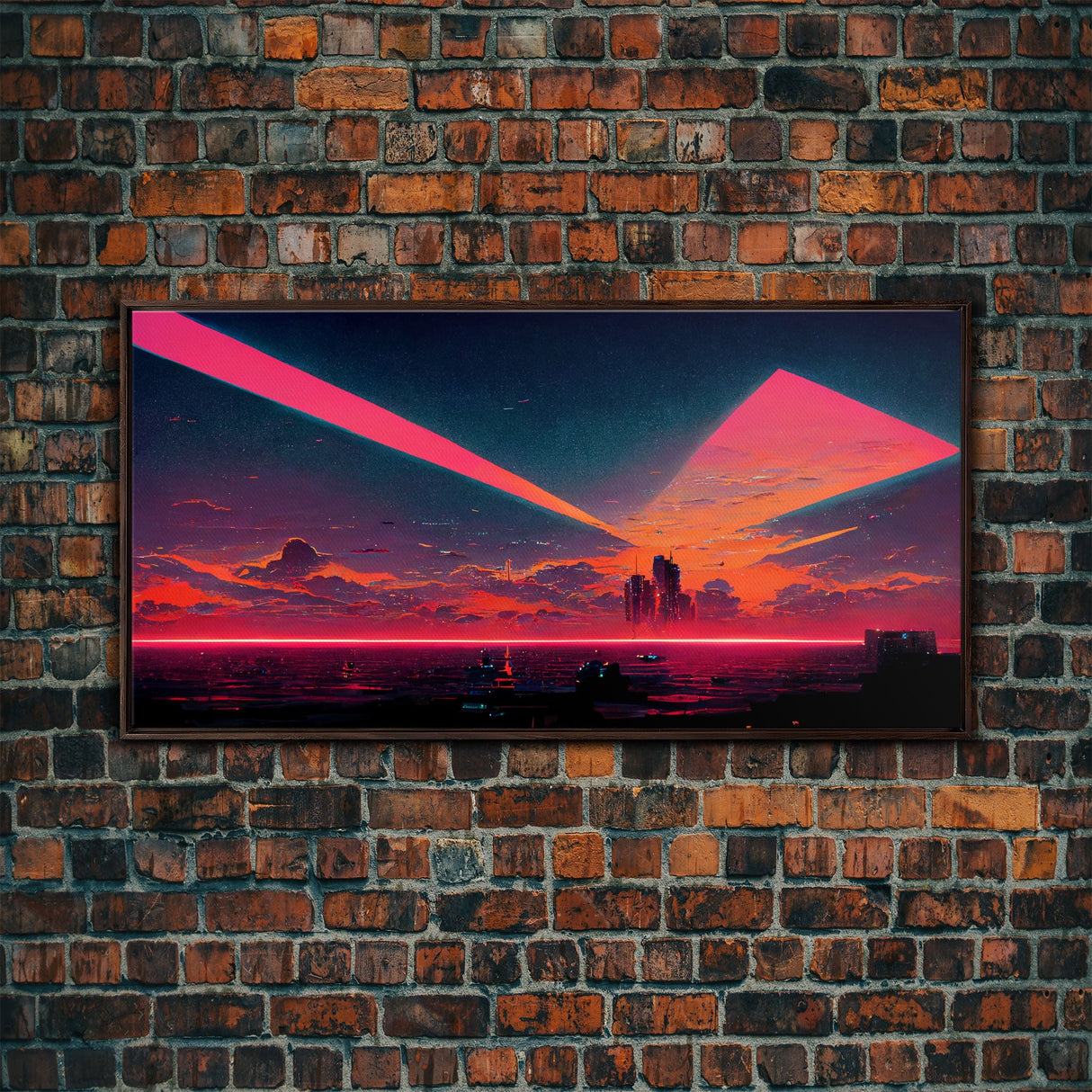 Cyberpunk lake art, city canvas, video game concept art, living room wall art, dystopian art, outrun city at sunset, man cave canvas print