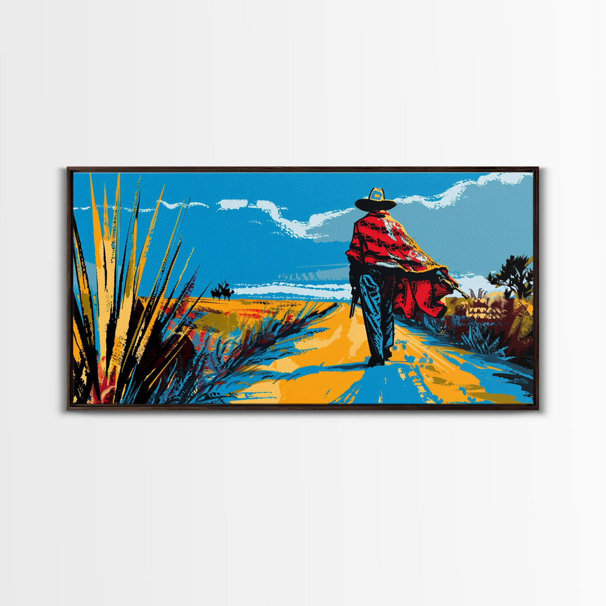 Cowboy Walking Down Desert Road, Perfect Minimalist Art, Framed Canvas Print, Boho Living Room Decor, Western Home Decoration