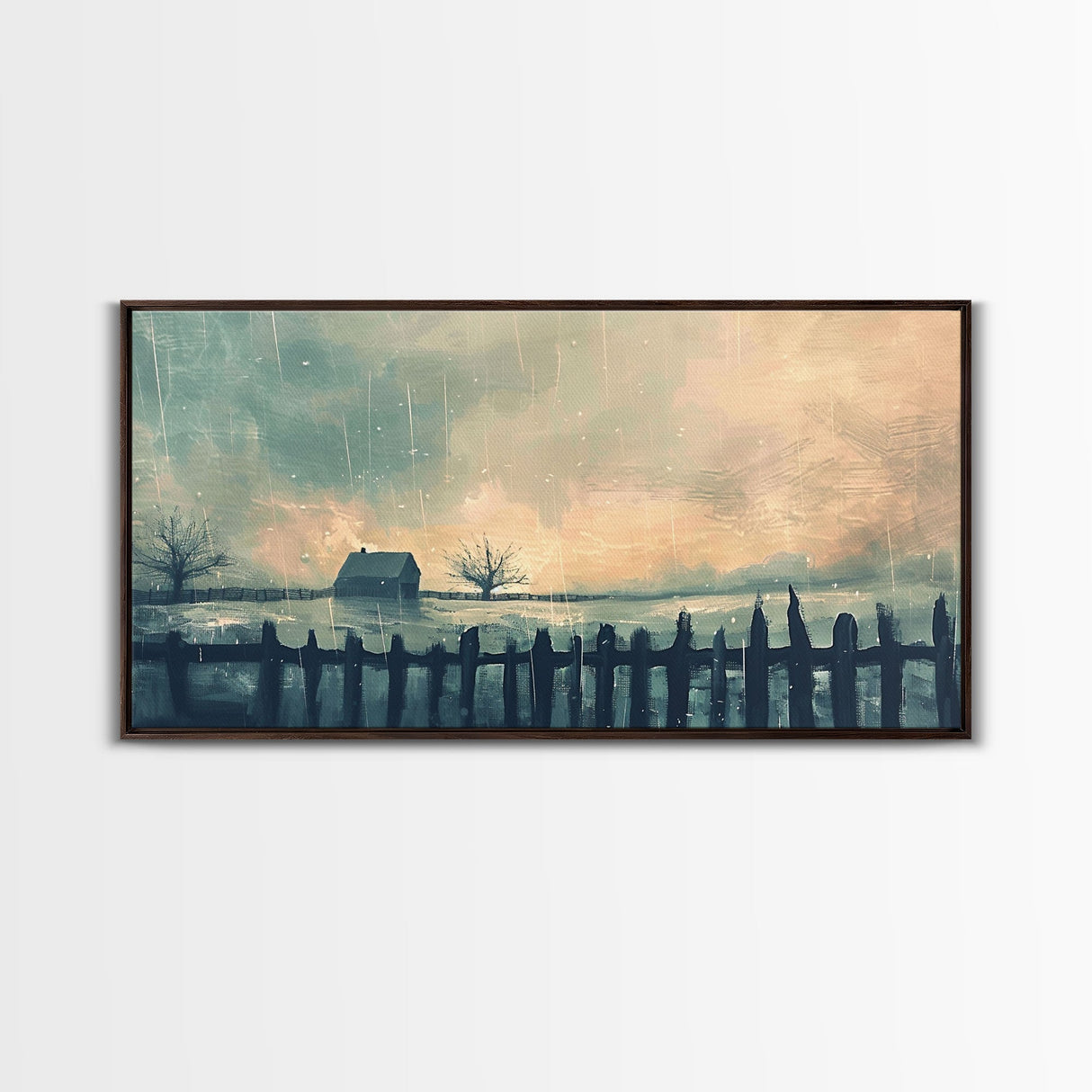 Winter Farmhouse in Snowy Landscape, Framed Canvas Print, Minimalist Wall Art, Living Room Art, Bedroom Decor, Winter Scene