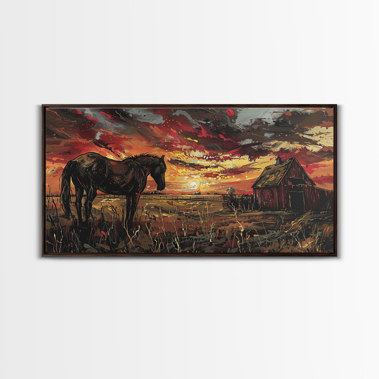 Dark Horse at Sunset with Barn, Stunning Abstract Art, Framed Canvas Print, Boho Wall Art, Bedroom Decor, Unique Home Decoration