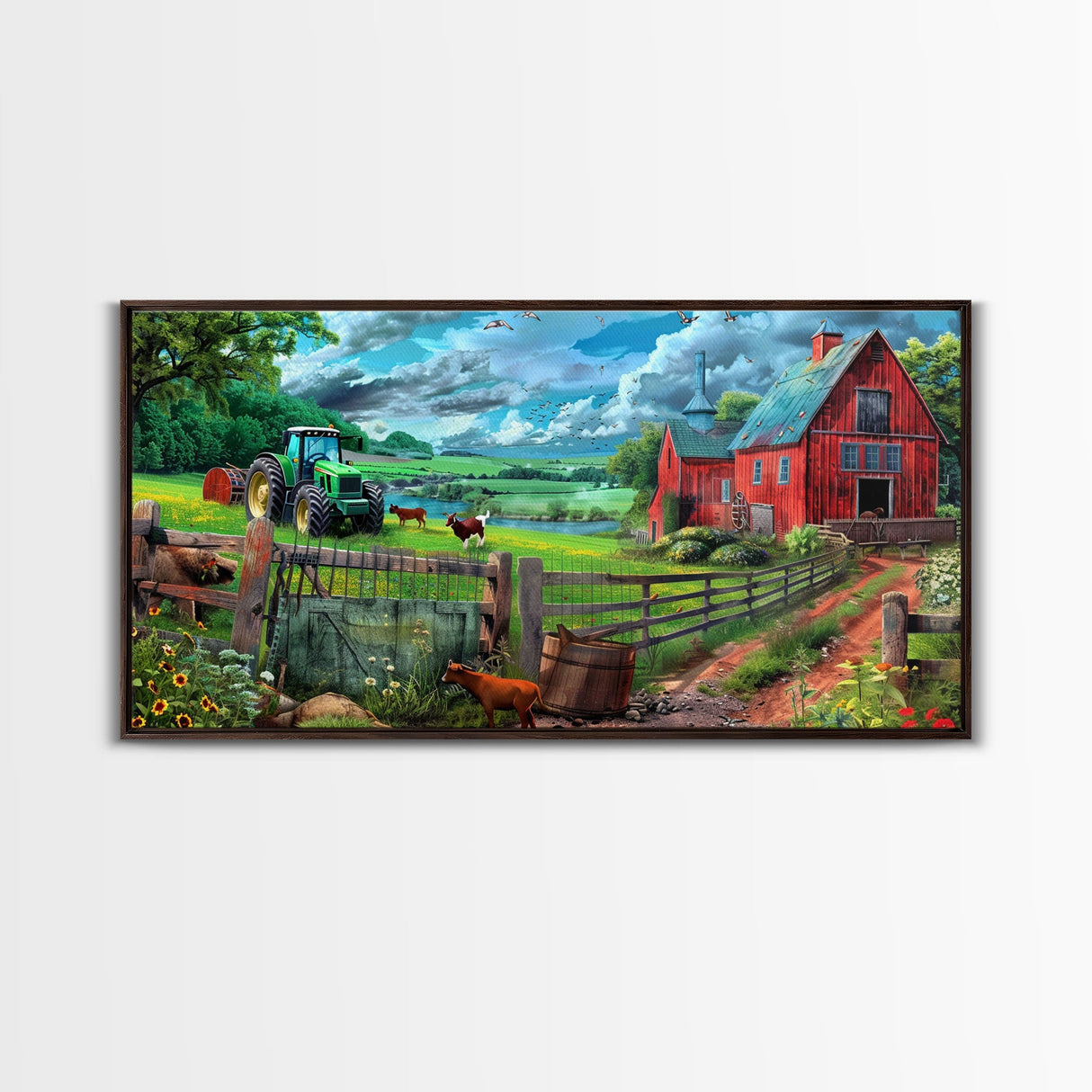 Green Tractor and Red Barn with Farm Animals, Vibrant Rural Art, Framed Canvas Print, Country Wall Decor, Living Room Decoration