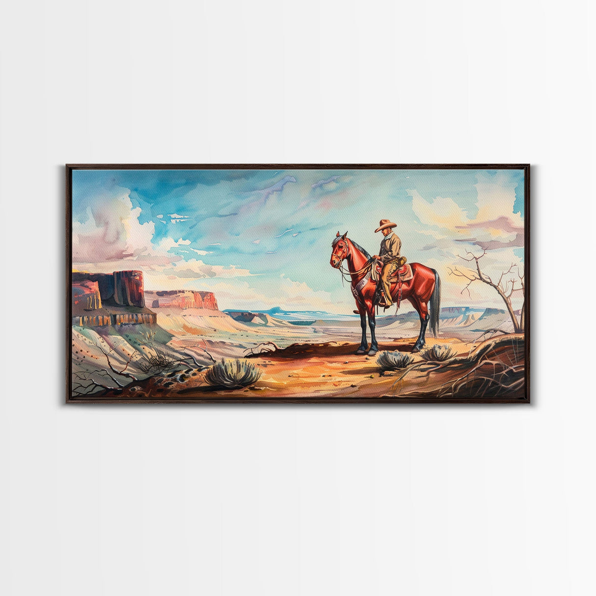 Cowboy on Horse Overlooking Canyon, Majestic Western Art, Framed Canvas Print, Boho Wall Art, Living Room Decor, Home Decoration