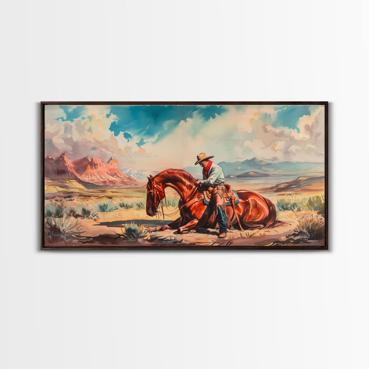 Cowboy Comforting Horse in Open Plains, Farmhouse Western Decor, Framed Canvas Print, Country Living Art, Rustic Wall Art for Home