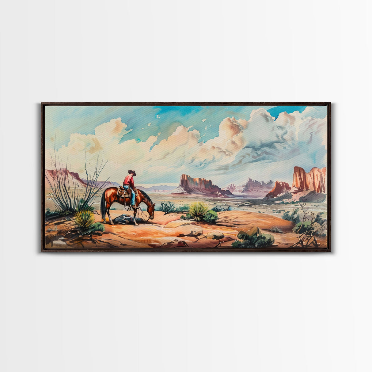 Cowboy Gazing Over Expansive Desert, Boho Western Landscape Art, Framed Canvas Print, Living Room Wall Decor, Rustic Country Style