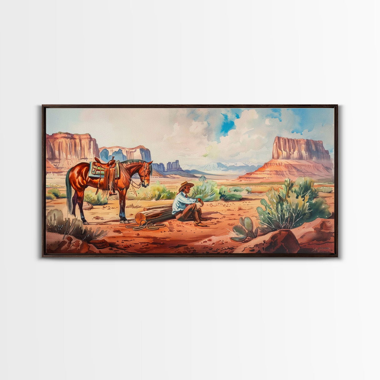 Cowboy Resting by Horse in Desert Scene, Rustic Farmhouse Art, Framed Canvas Print, Western Decor, Living Room Wall Art, Country Style