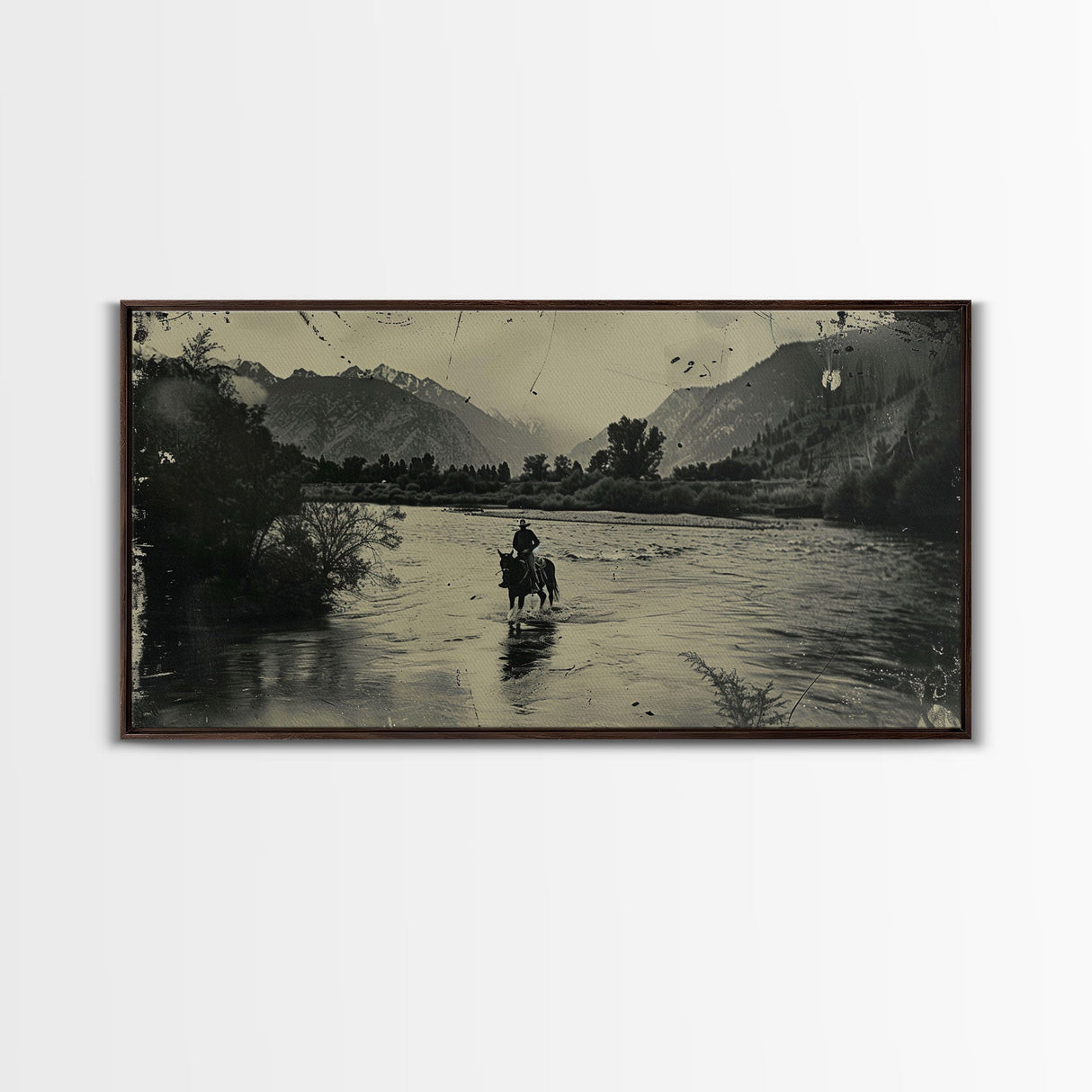 Cowboy Crossing River with Mountains, Framed Canvas Print for Western Living Room Decor, Ideal Bedroom Wall Art, Rustic Scene