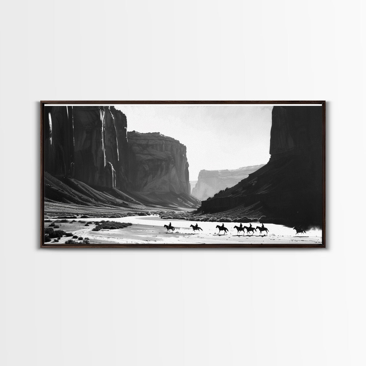 Framed Canvas Print of Cowboys Riding through Canyon, Western Wall Art for Living Room or Bedroom, Unique Home Decor