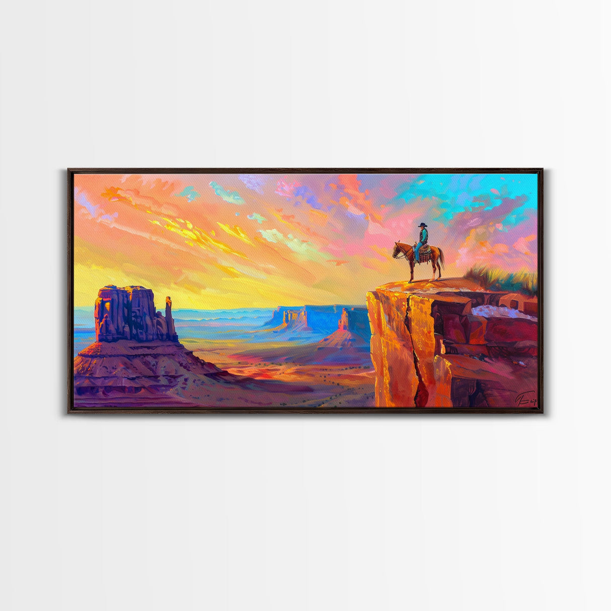 Cowboy with Horse on Cliff Edge, Farmhouse Style Framed Canvas Print for Living Room Wall Art, Vibrant Home Decor, Western Scenic Art