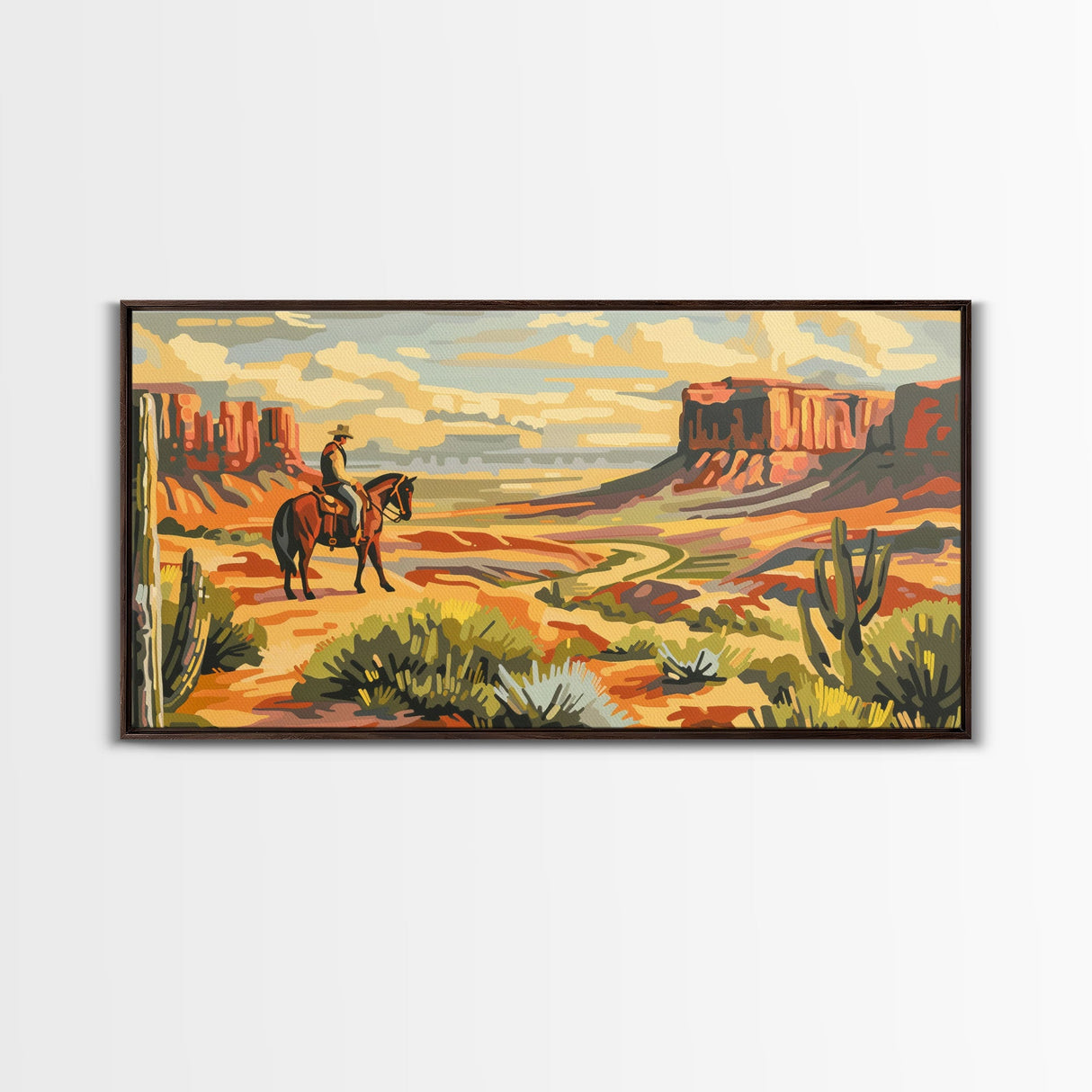 Cowboy Overlooking Desert Canyon, Framed Canvas Print for Rustic Living Room Decor, Western Wall Art, Home and Bedroom Decoration