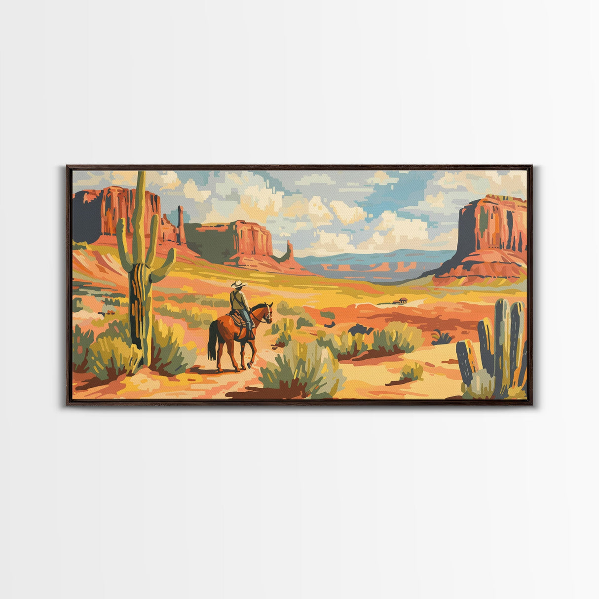 Cowboy in Desert Valley, Framed Canvas Print for Rustic Living Room Decor, Western Art for Home and Bedroom Decoration
