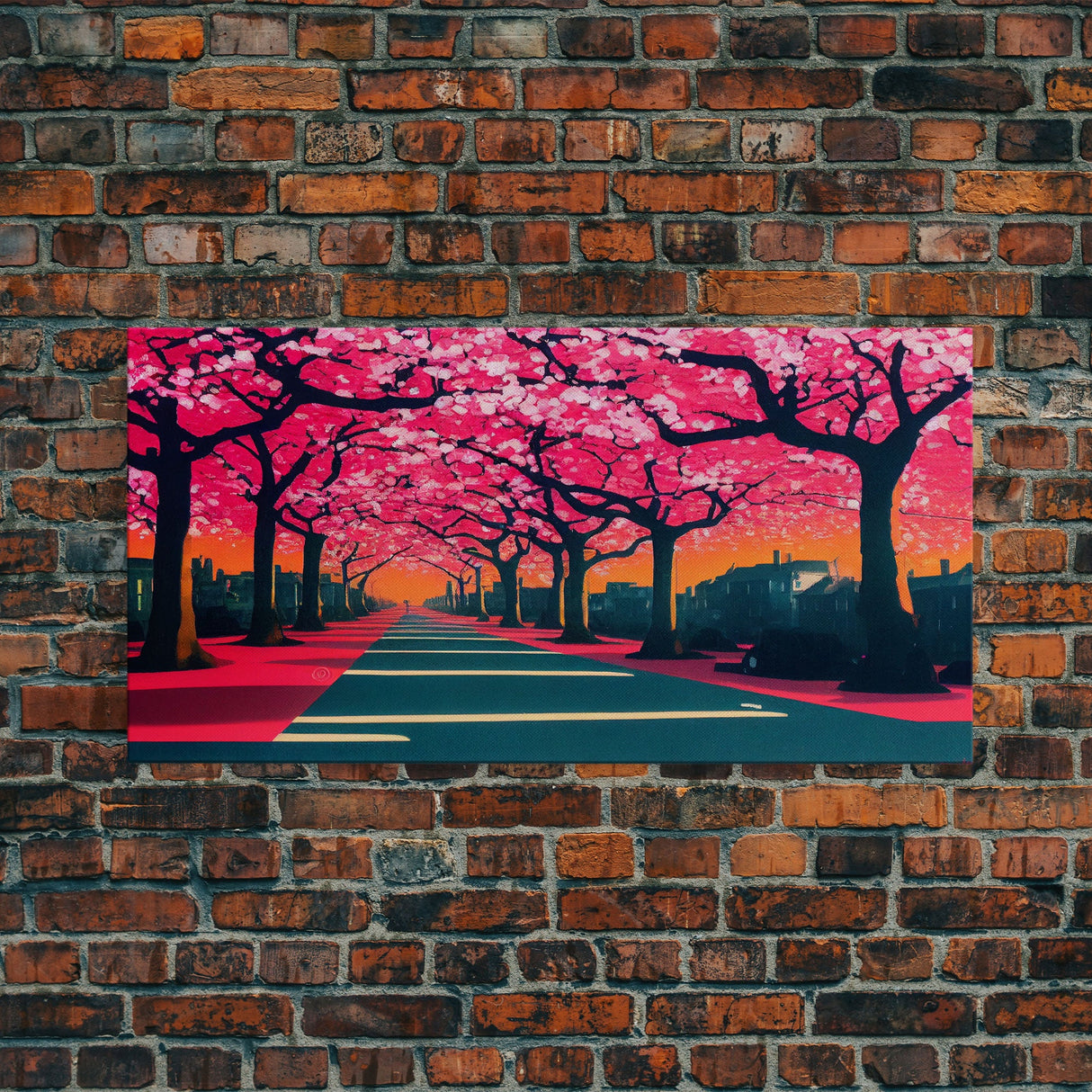 Street lined with Cherry Blossoms, Cherry Blossom Tree Art, Framed Canvas Print, Ready To Hang Wall Art, Framed Wall Art
