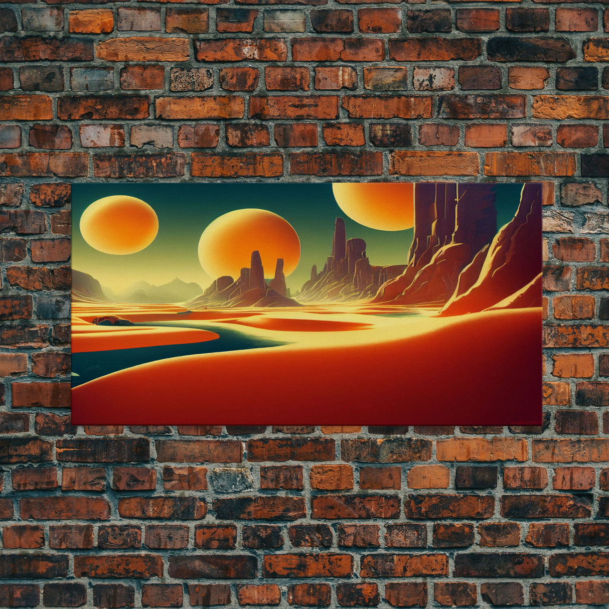 Trippy Art Deco Scifi Painting of an Alien World, Wall Decor, Ready To Hang Framed Canvas Print, Oversize Wall Art