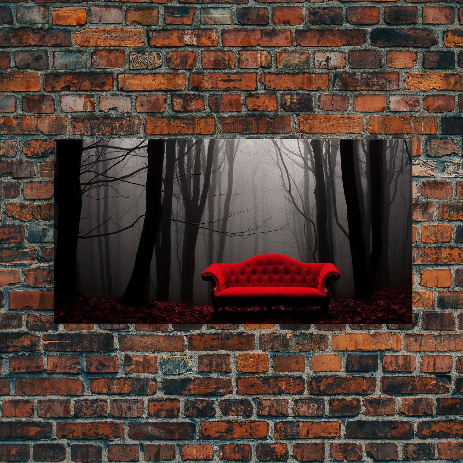 Red Sofa In A Forest Framed Canvas Print, Thought Provoking Art, Framed Art, Creepy Photography, Halloween Art
