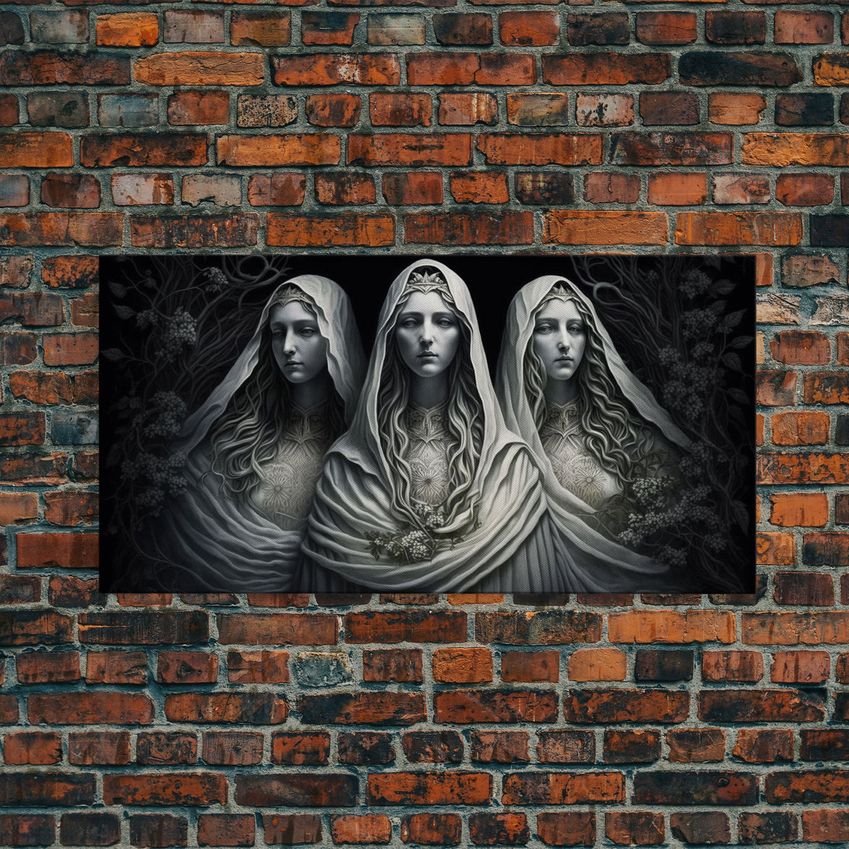 The Norns, Norse Mythology, Weavers of Fate, Framed Canvas Print, Urðr, Verðandi, and Skuld, Black and White Norse Fantasy Art