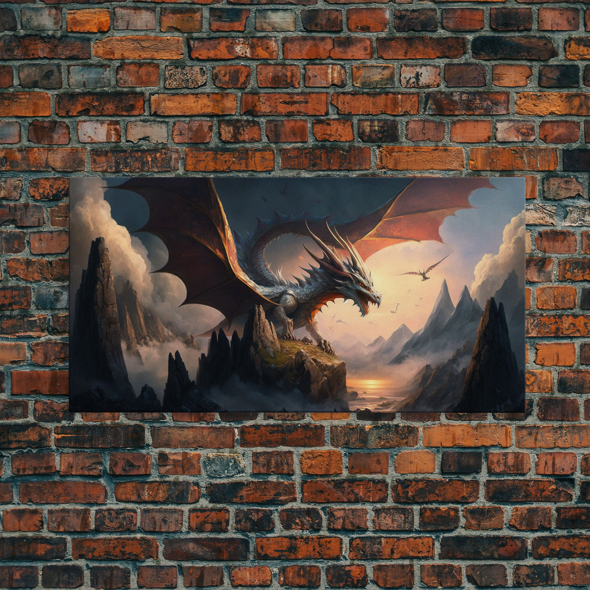 White Dragon on a Mountain Top, Fantasy Art, Framed Canvas Print, Medieval Fantasy Art, Fire breathing dragons