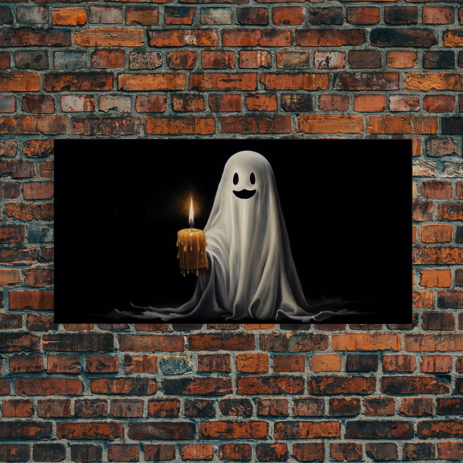 Silly Ghost Holding A Candle, Framed Canvas Print, Dark Academia Wall Art, Victorian Oil Painting Style Halloween Wall Art, Ghost Print
