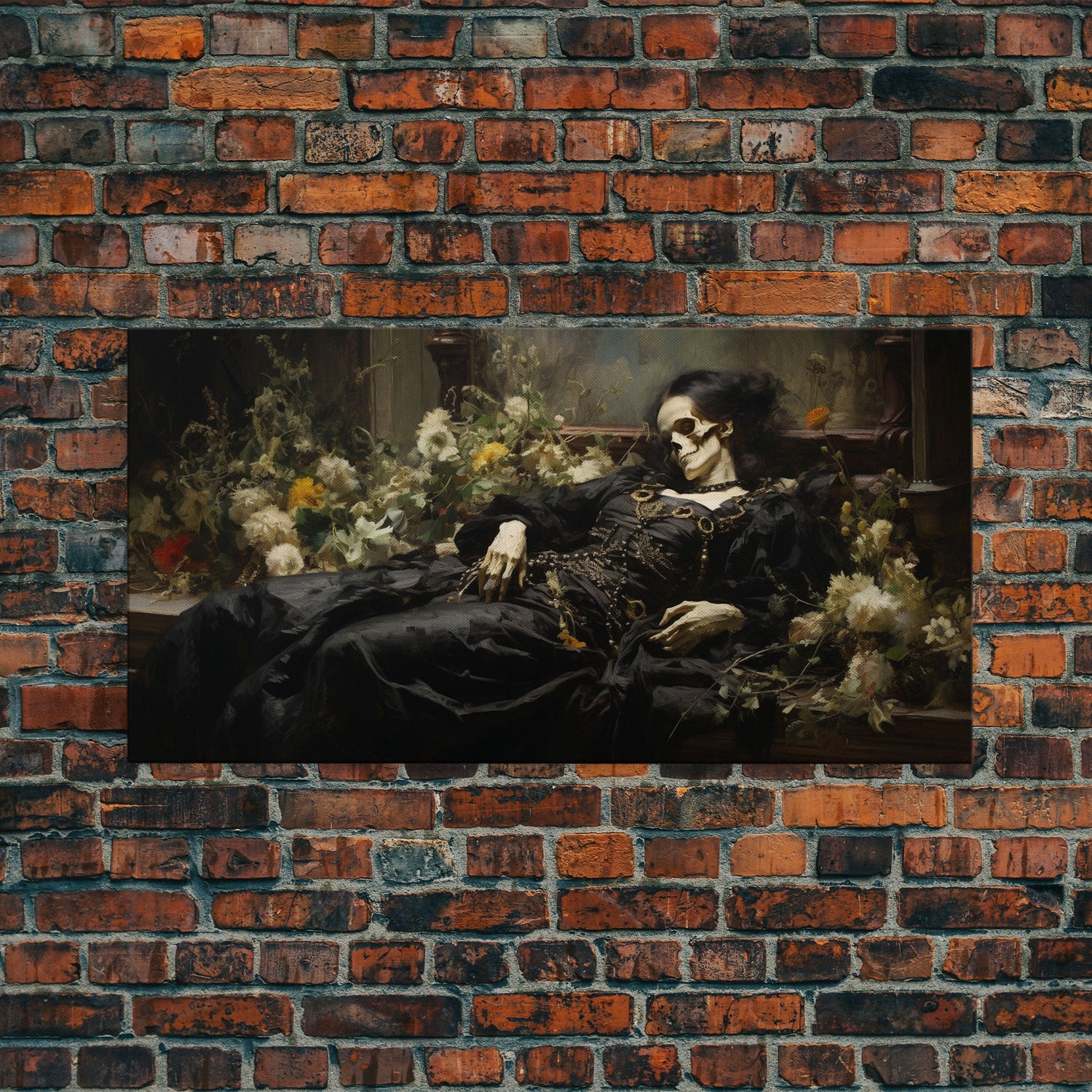 I'll Just Take A Quick Nap, Framed Canvas Print, Creepy Victorian Oil Painting, Halloween Art Prints, Skeleton Painting