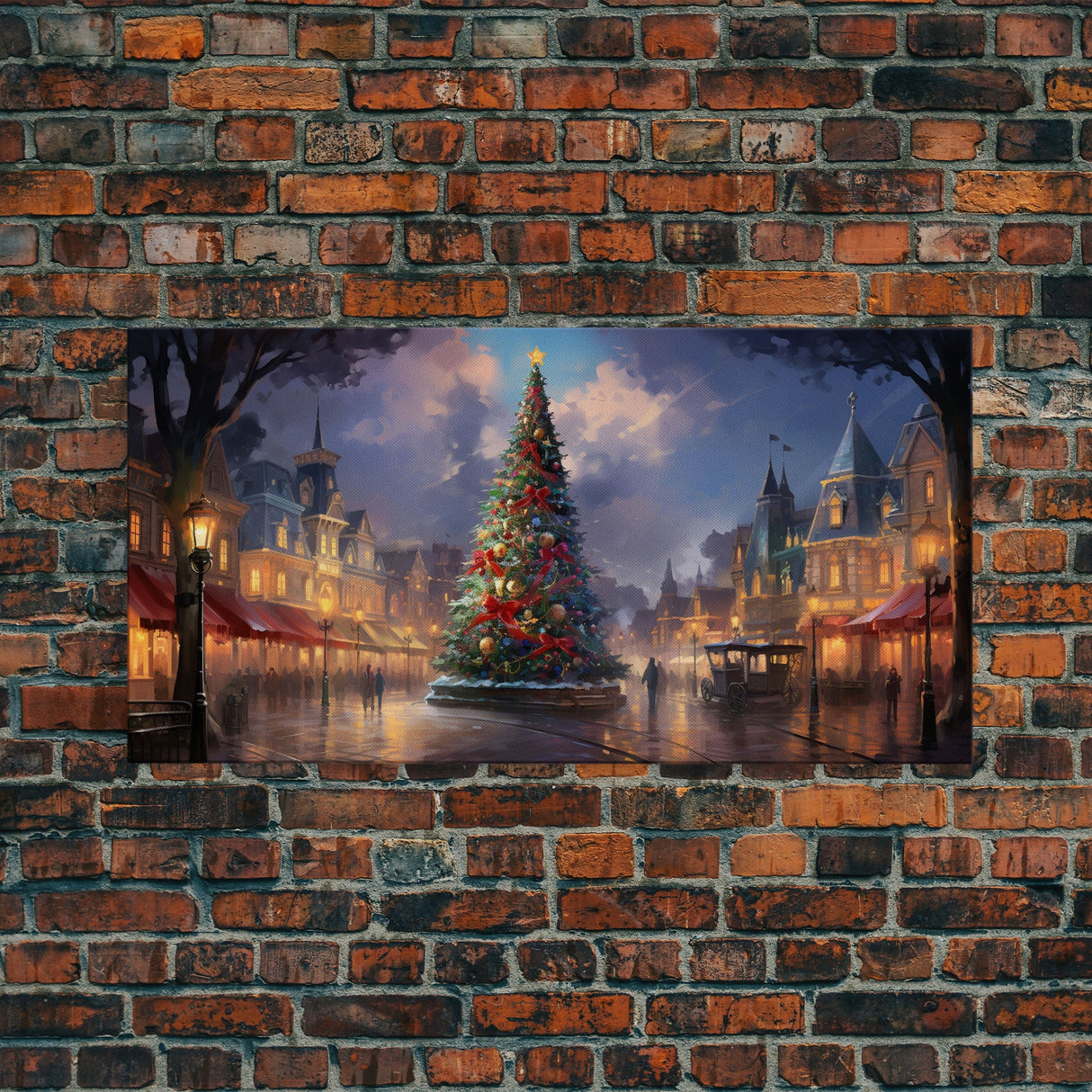 Christmas Decor Handmade, Framed Canvas Print, Beautiful Winter Wonderland Christmas Village, Christmas Tree Art