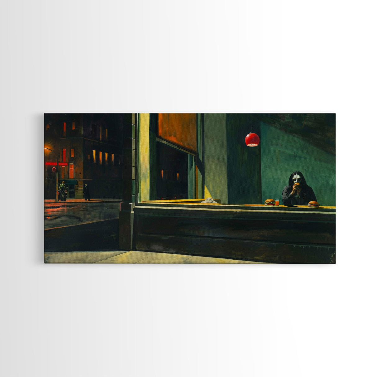 Demon Having a Cheeseburger in a Diner, Funny / Liminal Halloween Art, Framed Canvas Print