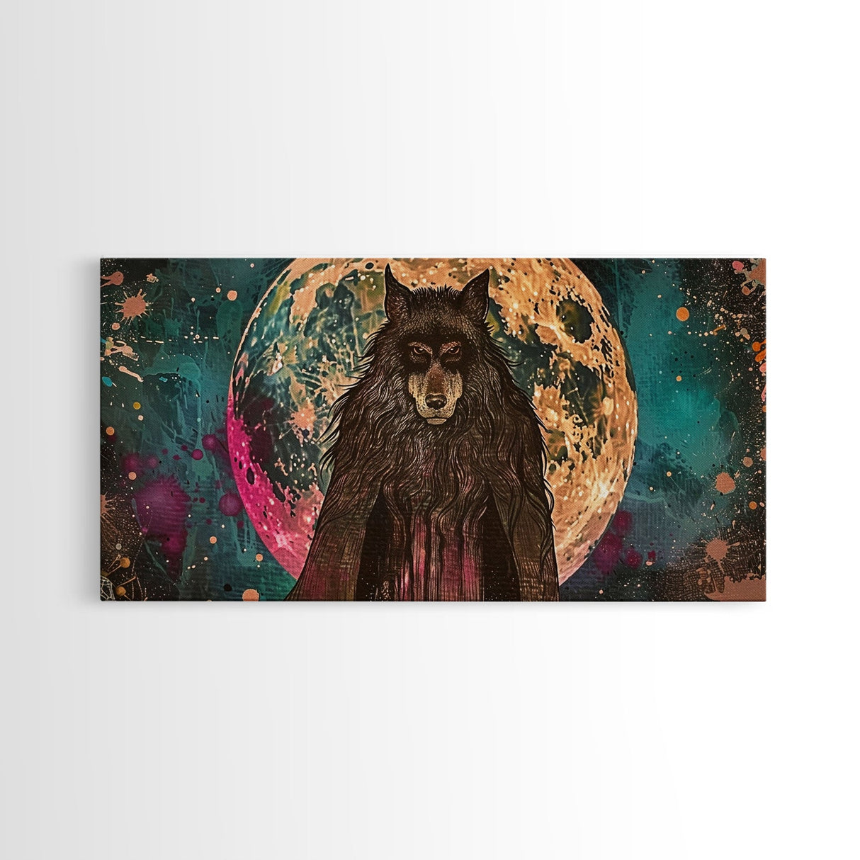 Hooded Werewolf Under The Full Moon, Framed Canvas Print, Wood Frame Halloween Wall Art, Dark Academia