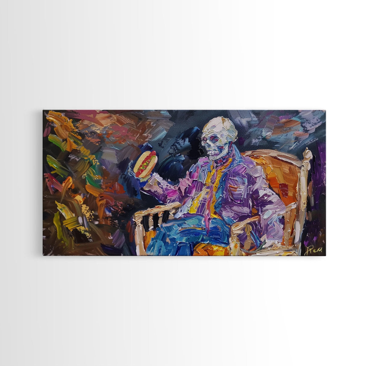 Skeleton Havin' a Hot Dog, Framed Canvas Print, Funny Halloween Decor