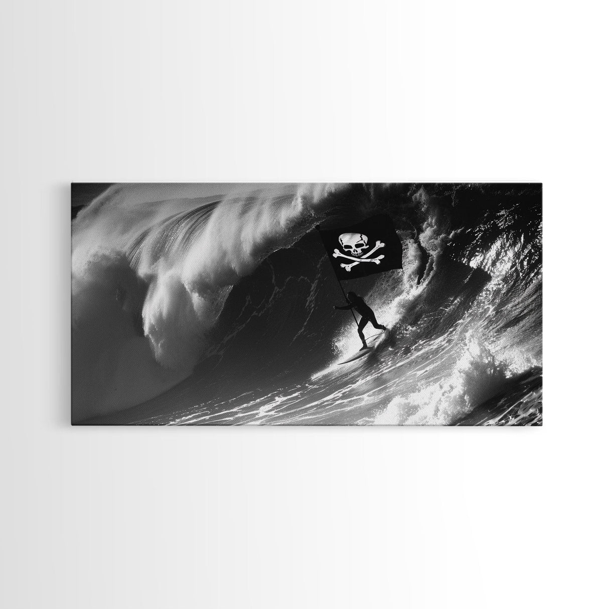 Pirate Surf - Framed Canvas Print - Black & White Photography Style Wall Art - Skull and Cross Bones Wall Art - Manly Decor - Mancave