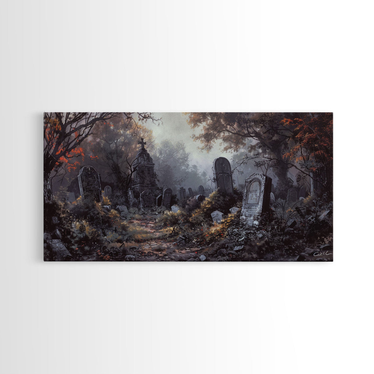 Haunted Cemetery Halloween Prop Framed Canvas Print | Spooky Season | Spooky Wall Art | Halloween Decor | Creepy Art Prints