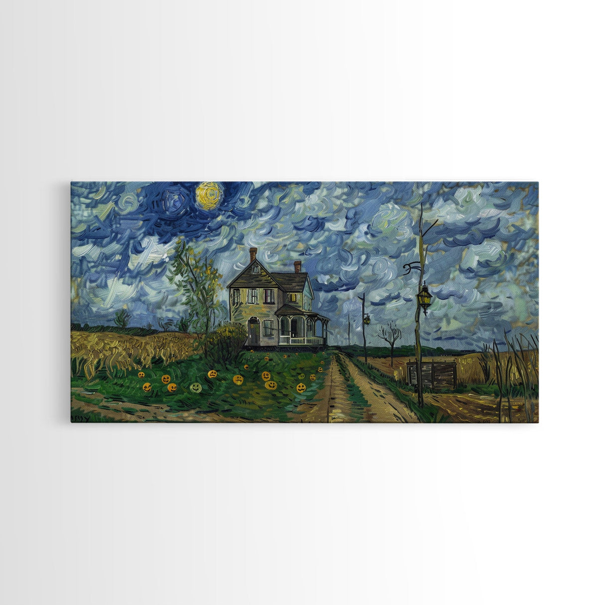 Haunted Countryside, Framed Canvas Print, Spooky Starry Night Inspired Halloween Wall Art