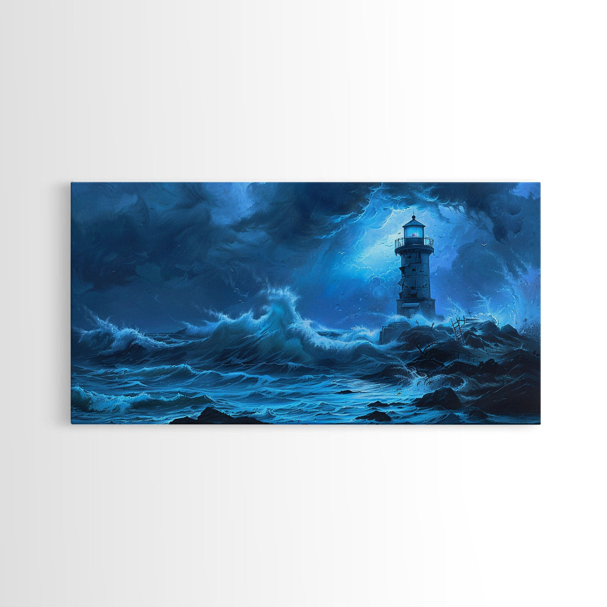 Lighthouse and the Storm, Framed Canvas Print, Unique Halloween Wall Art, Nautical Decor