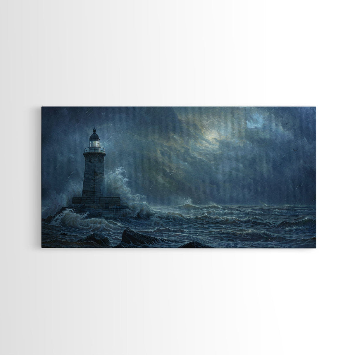 Lighthouse and the Storm, Framed Canvas Print, Unique Halloween Wall Art, Nautical Decor