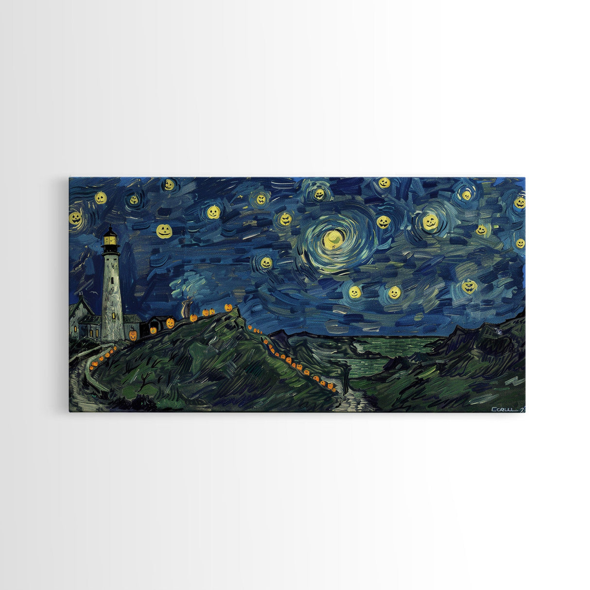 Lighthouse and the Storm, Framed Canvas Print, Unique Halloween Wall Art, Nautical Decor, Starry Night Inspired Wall Art