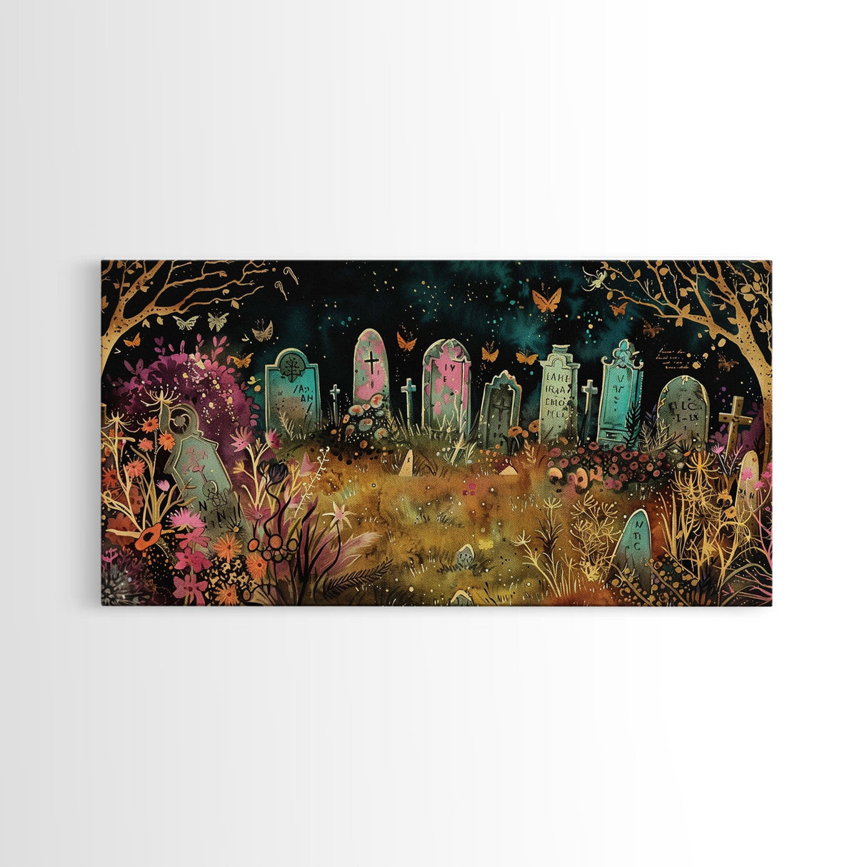Colorful Haunted Grave Yard In The Spring Time, Framed Canvas Print, Spooky Wall Art, Halloween Spooky Season Decor