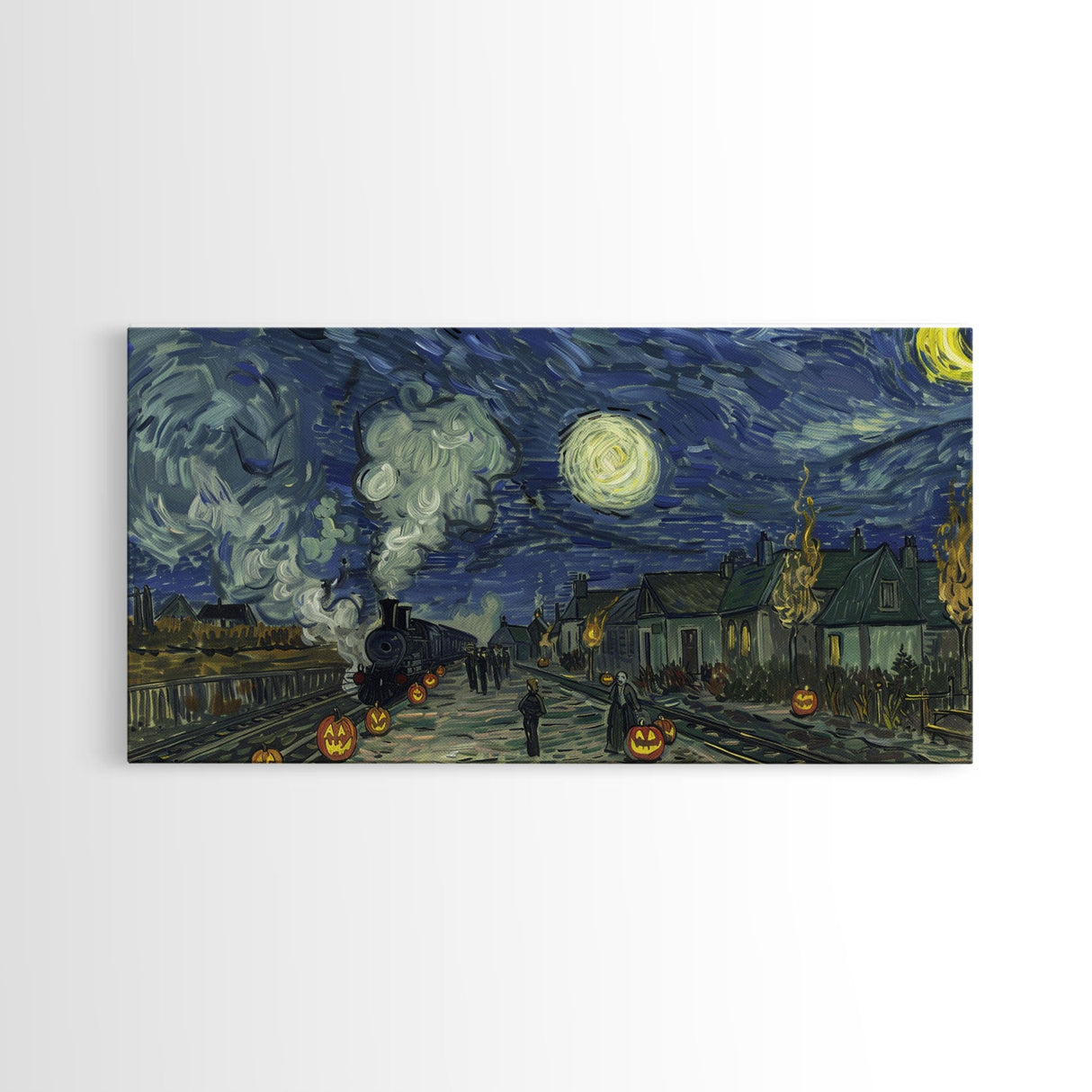 Starry Night Inspired Haunted Steam Train, Framed Canvas Print, Spooky Halloween Wall Art