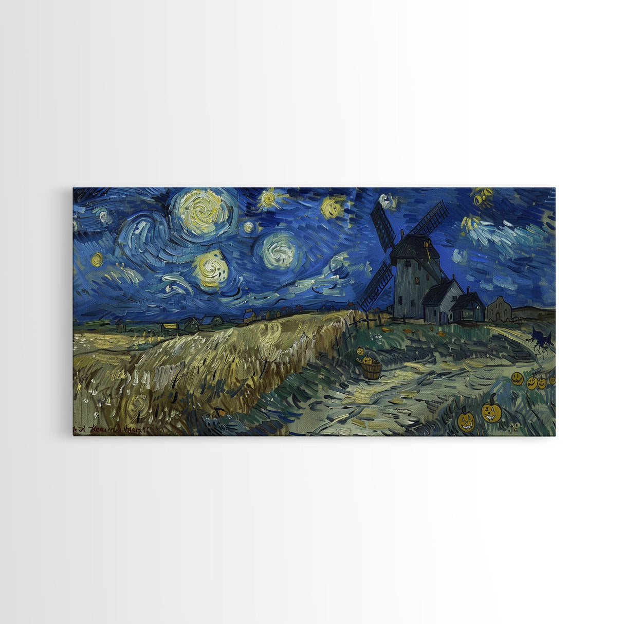 Starry Night Inspired Haunted Wind Mill, Framed Canvas Print, Spooky Halloween Wall Art