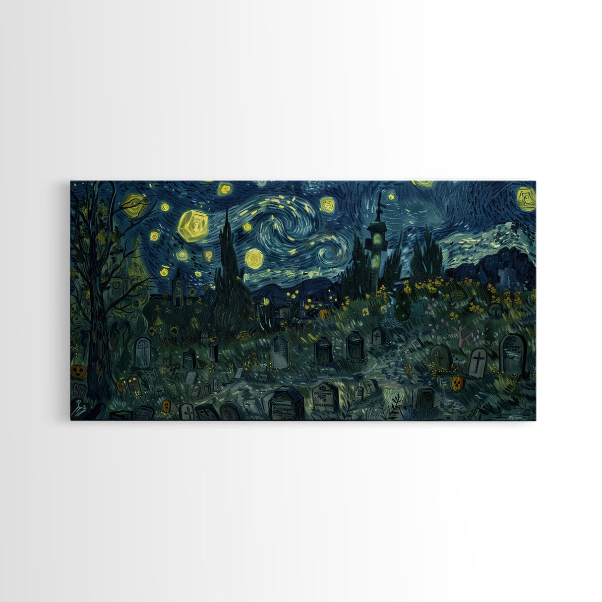 Starry Night Inspired Haunted Graveyard Framed Canvas Print, Halloween Wall Decor, Halloween Props, Halloween Gift Idea
