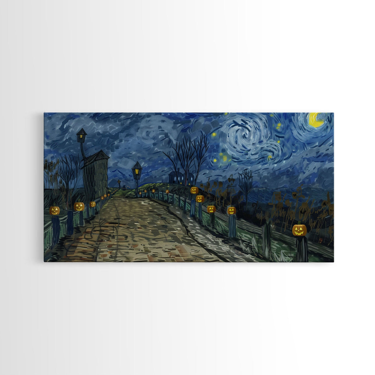 The Haunted Bridge, Framed Canvas Print, Spooky Home Decor, Starry Night Inspired