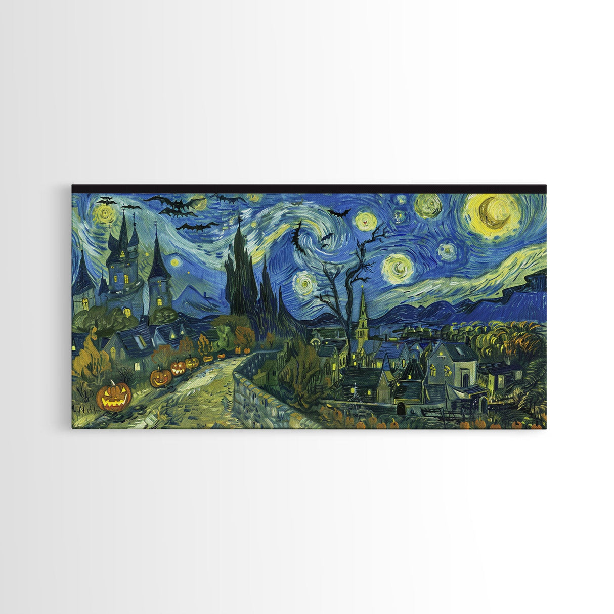 Spook Vibes Wall Art - Framed Canvas Print - Victorian Era London Starry Night Inspired Spooky Month Decor