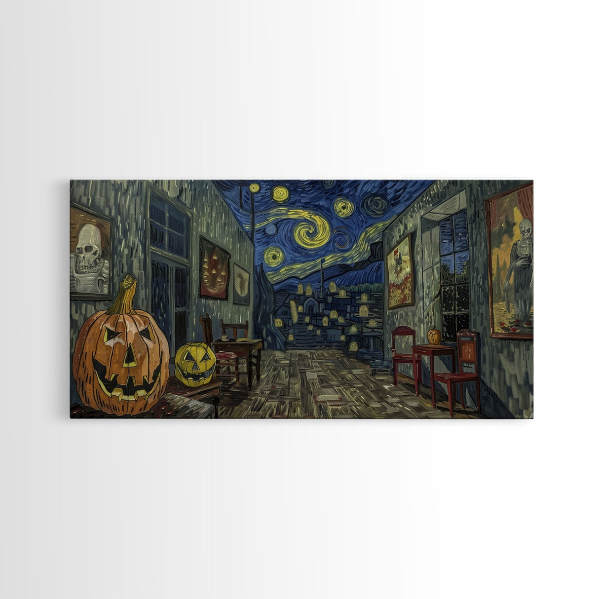 Starry Night Inspired Halloween Decor, Framed Canvas Print, Haunted Grave Yard