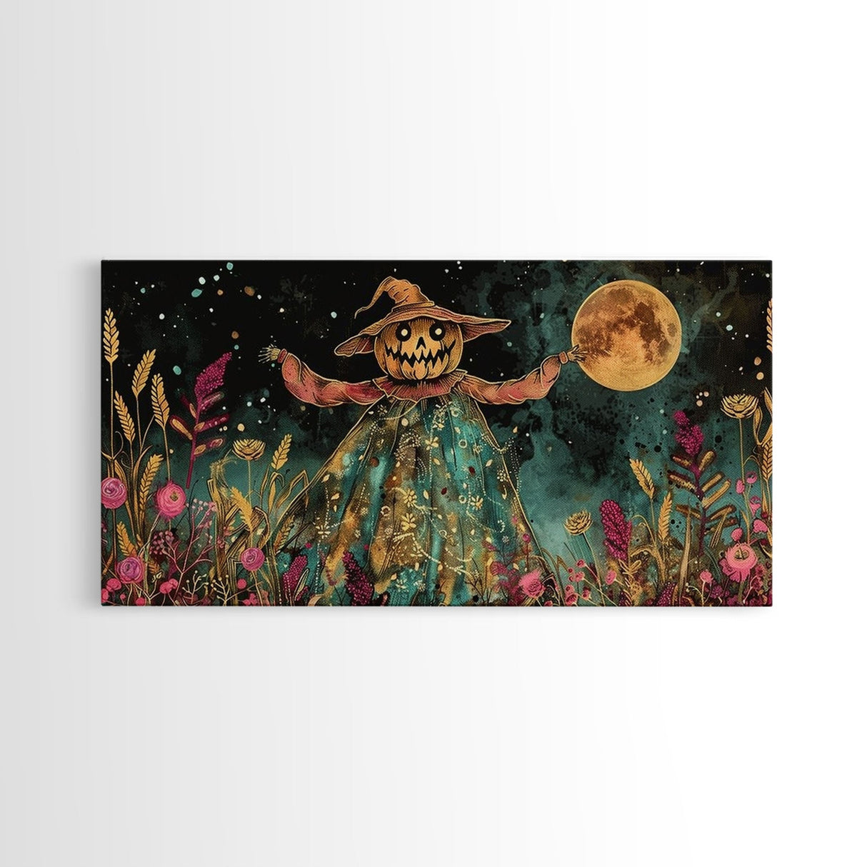 Spooky Jack O' Lantern Scarecrow, Framed Canvas Print, Dark Academia, Halloween Decor, Spooky Season Wall Art