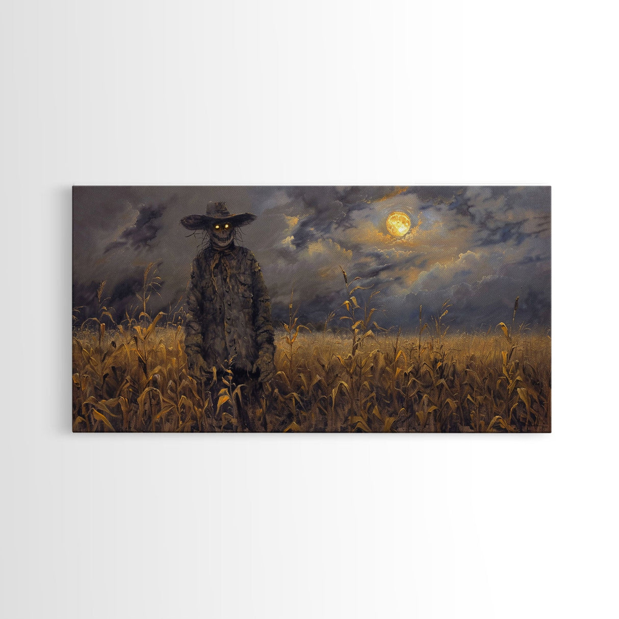 Scarecrow Under A Full Moon - Framed Canvas Print - Spooky Wall Art - Halloween Decor