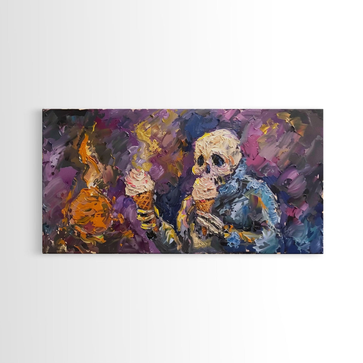 Spooky Skeleton having TWO ice cream cones! Why does he need two? Halloween Art, Framed Canvas Print